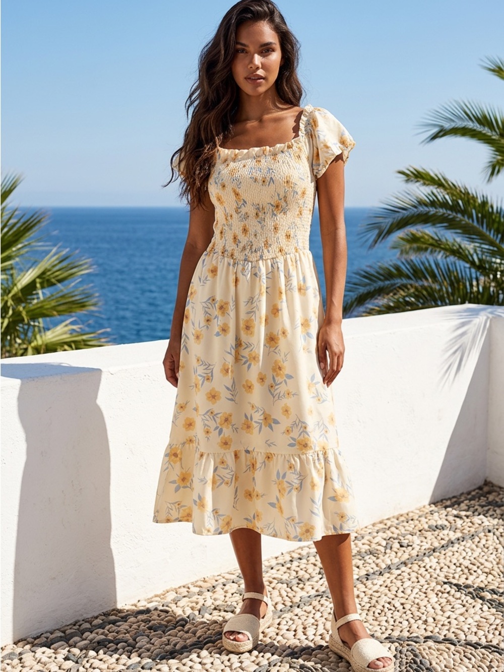 SHEIN Yellow Floral Smocked Square-Neck Midi Dress